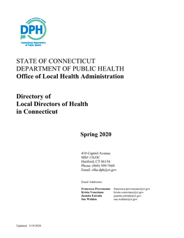 STATE of CONNECTICUT DEPARTMENT of PUBLIC HEALTH Office of Local Health Administration