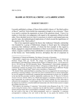 Rashi As Textual Critic: a Clarification Robert Brody*