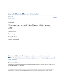 Exonerations in the United States 1989 Through 2003 Samuel R