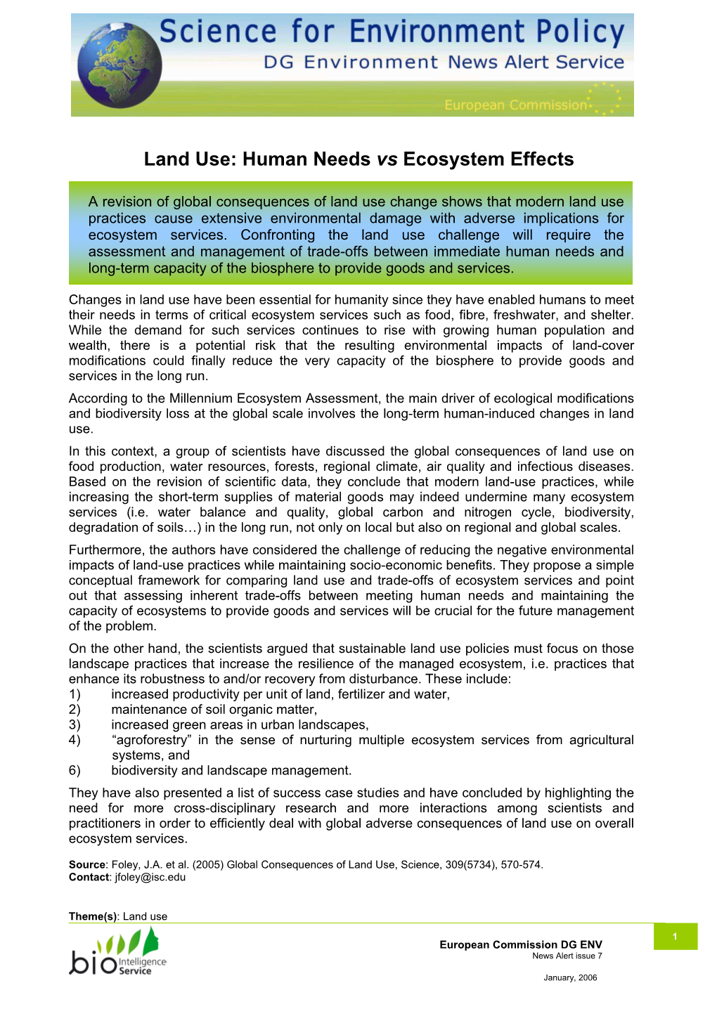 Land Use: Human Needs Vs Ecosystem Effects