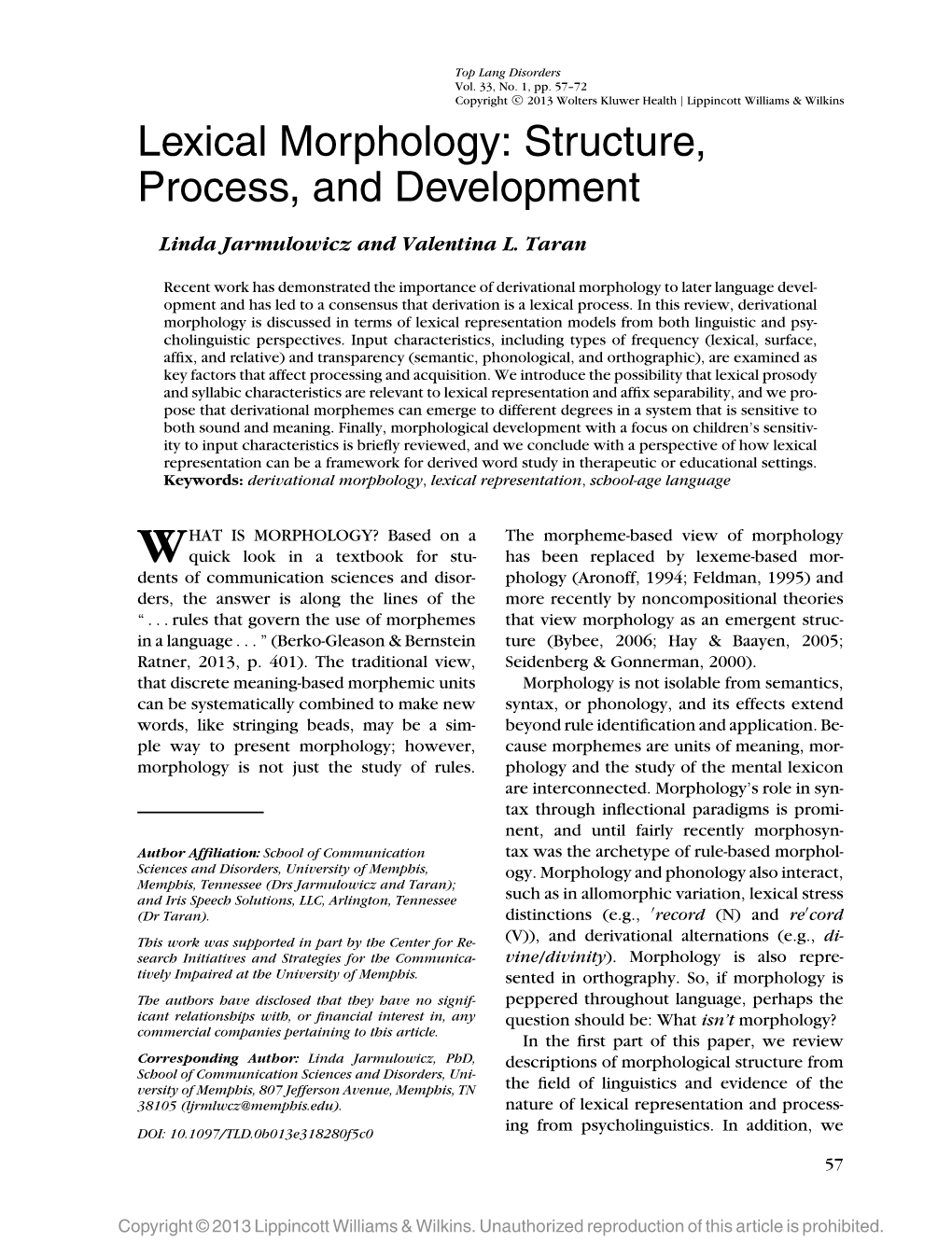 Lexical Morphology: Structure, Process, and Development