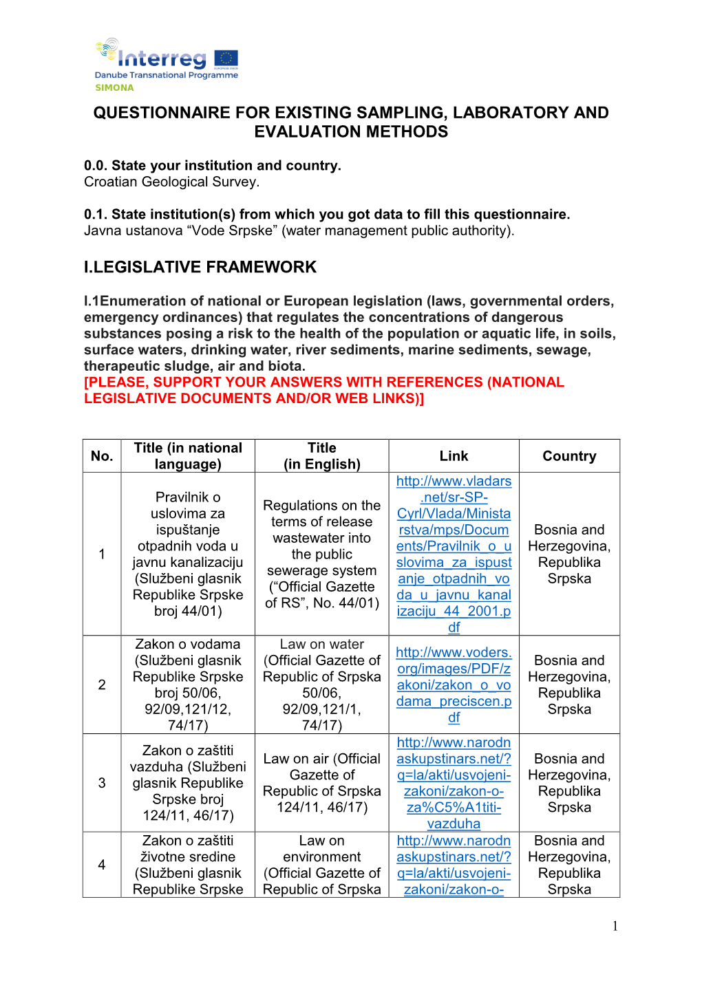 Questionnaire for Existing Sampling, Laboratory and Evaluation Methods