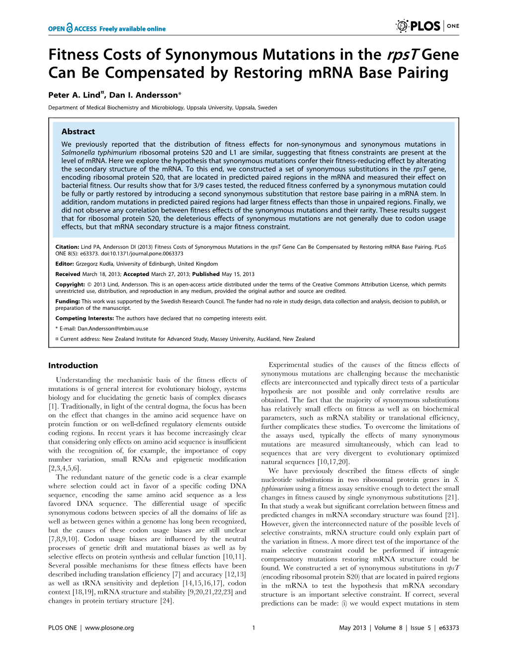 Fitness Costs of Synonymous Mutations in the Rpst Gene Can Be Compensated by Restoring Mrna Base Pairing