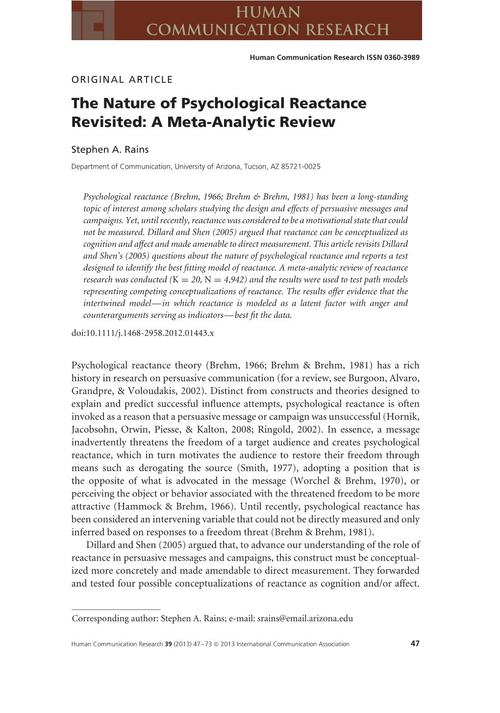 The Nature of Psychological Reactance Revisited: a Meta-Analytic Review
