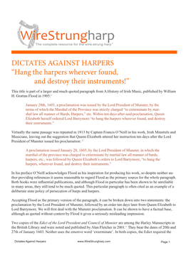 DICTATES AGAINST HARPERS “Hang the Harpers Wherever Found, and Destroy Their Instruments!”