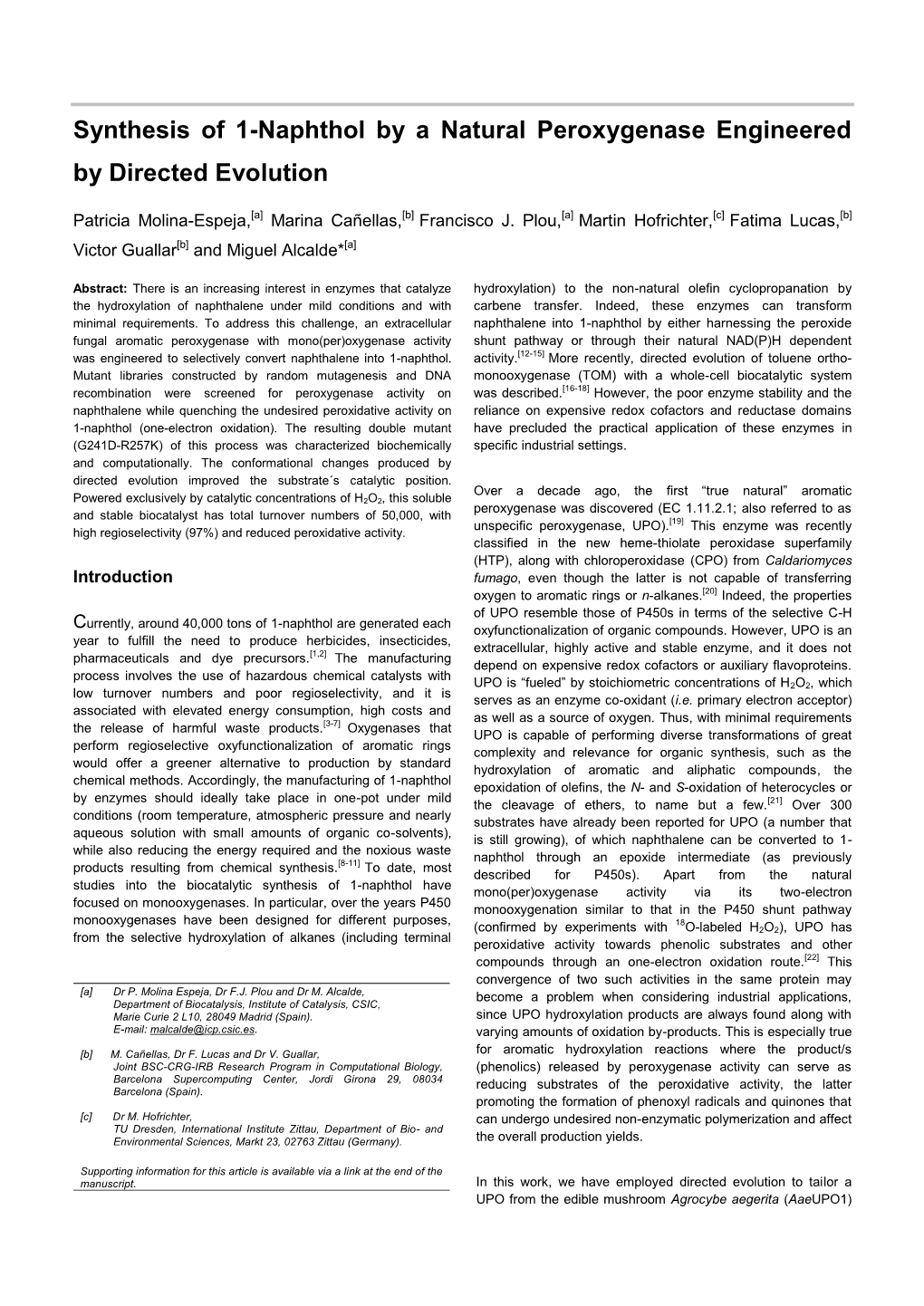 Synthesis of 1-Naphthol by a Natural Peroxygenase Engineered by Directed Evolution