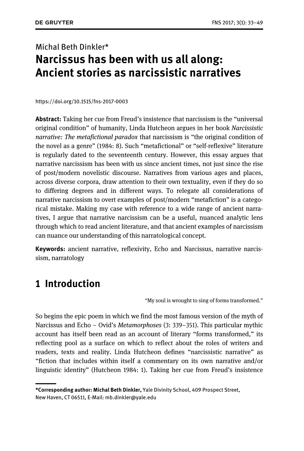 Narcissus Has Been with Us All Along: Ancient Stories As Narcissistic Narratives