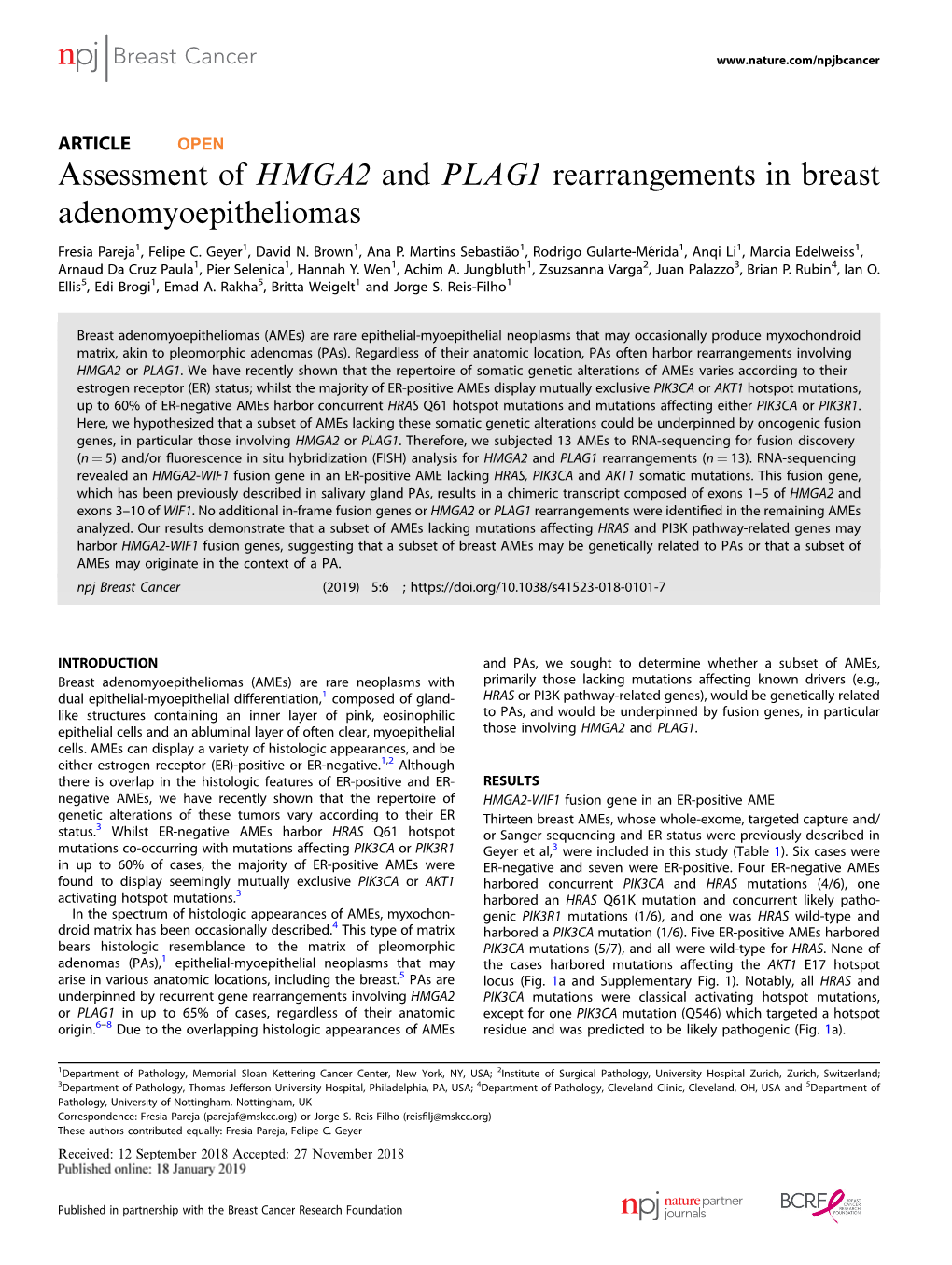 Assessment of HMGA2 and PLAG1 Rearrangements in Breast Adenomyoepitheliomas