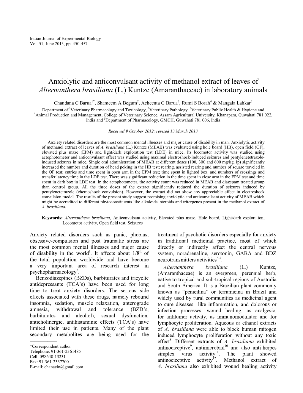 Anxiolytic and Anticonvulsant Activity of Methanol Extract of Leaves of Alternanthera Brasiliana (L.) Kuntze (Amaranthaceae) in Laboratory Animals