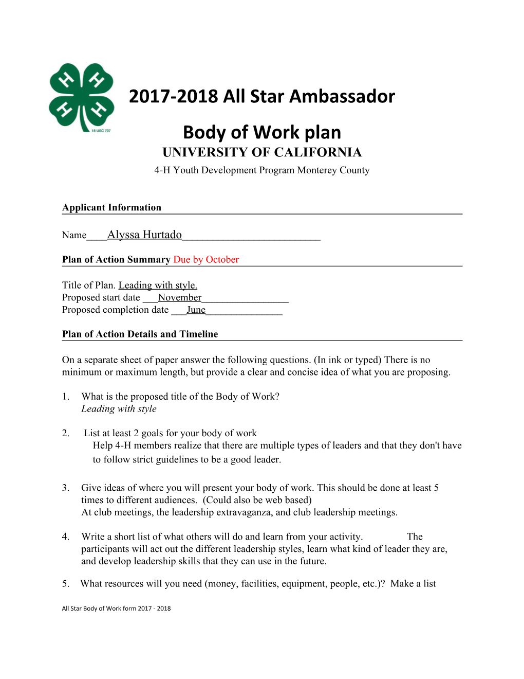 2017-2018 All Star Ambassador Body of Work Plan UNIVERSITY of CALIFORNIA 4-H Youth Development Program Monterey County