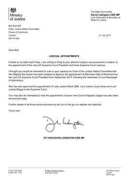 Letter Dated 21 July 2017 from Rt Hon David Lidington MP, Lord