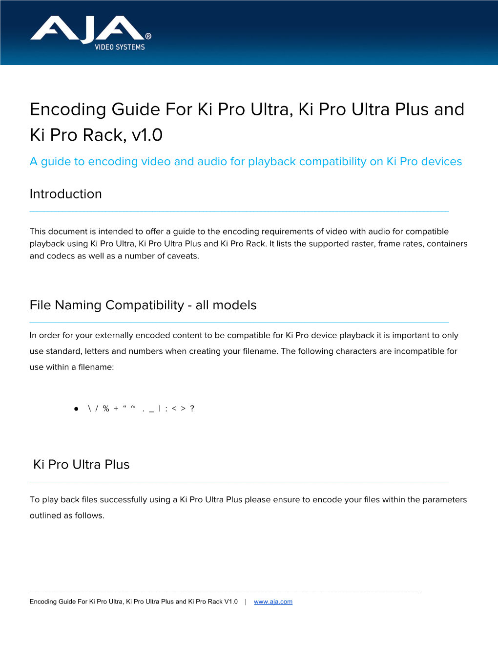 Encoding Guide for Ki Pro Ultra, Ki Pro Ultra Plus and Ki Pro Rack, V1.0 a Guide to Encoding Video and Audio for Playback Compatibility on Ki Pro Devices