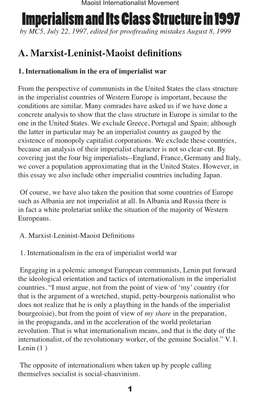 Imperialism and Its Class Structure in 1997 by MC5, July 22, 1997, Edited for Proofreading Mistakes August 8, 1999