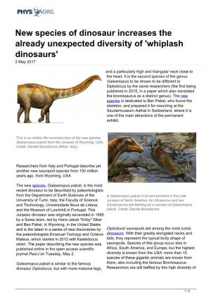 New Species of Dinosaur Increases the Already Unexpected Diversity of 'Whiplash Dinosaurs' 2 May 2017