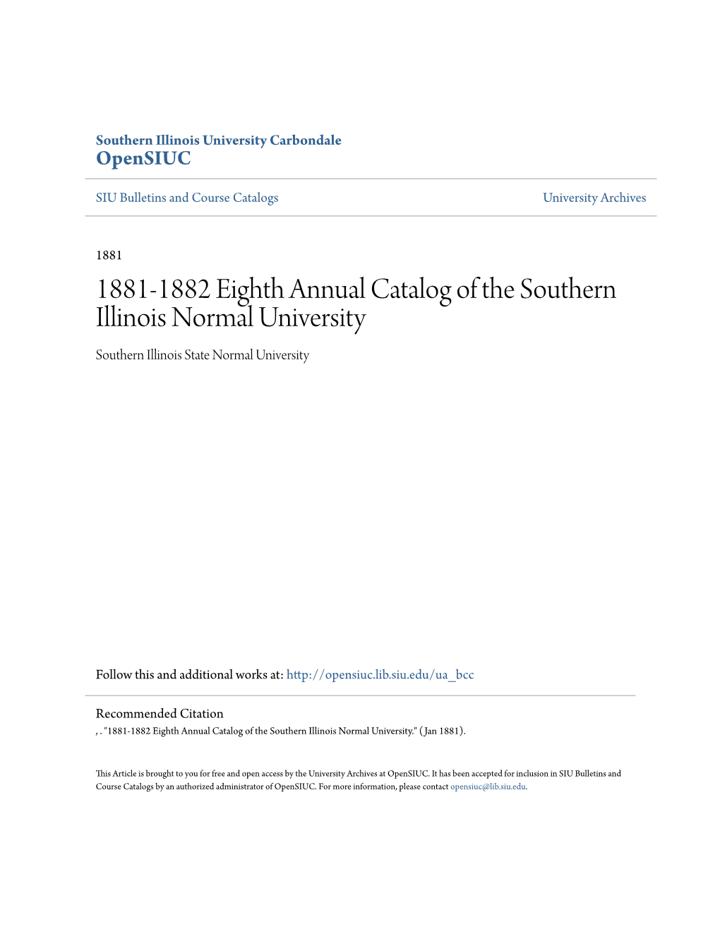 1881-1882 Eighth Annual Catalog of the Southern Illinois Normal University Southern Illinois State Normal University