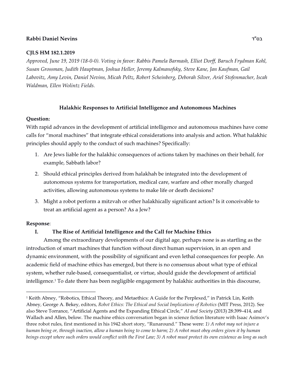 Halakhic Responses to Artificial Intelligence and Autonomous Machines