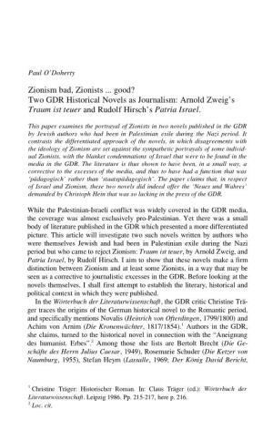 Zionism Bad, Zionists ... Good? Two GDR Historical Novels As Journalism: Arnold Zweig's Traum Ist Teuer and Rudolf Hirsch's