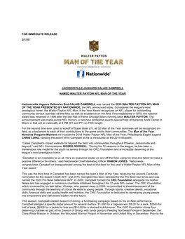 Jacksonville Jaguars Calais Campbell Named Walter Payton Nfl Man of the Year