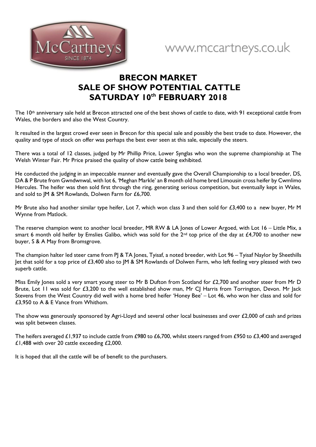 BRECON MARKET SALE of SHOW POTENTIAL CATTLE SATURDAY 10Th FEBRUARY 2018
