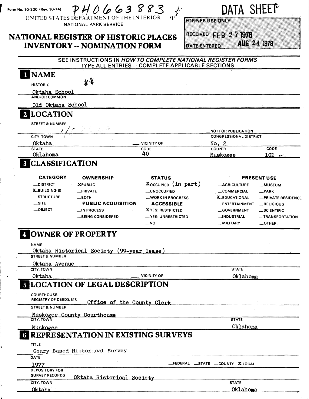 Data Sheet United States Department of the Interior 1'' National Park Service National Register of Historic Places Inventory - Nomination Form