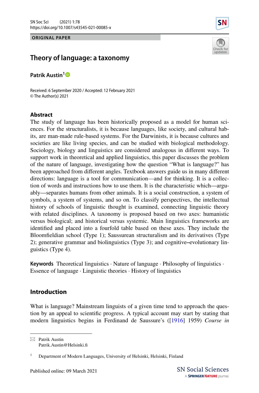 Theory of Language: a Taxonomy