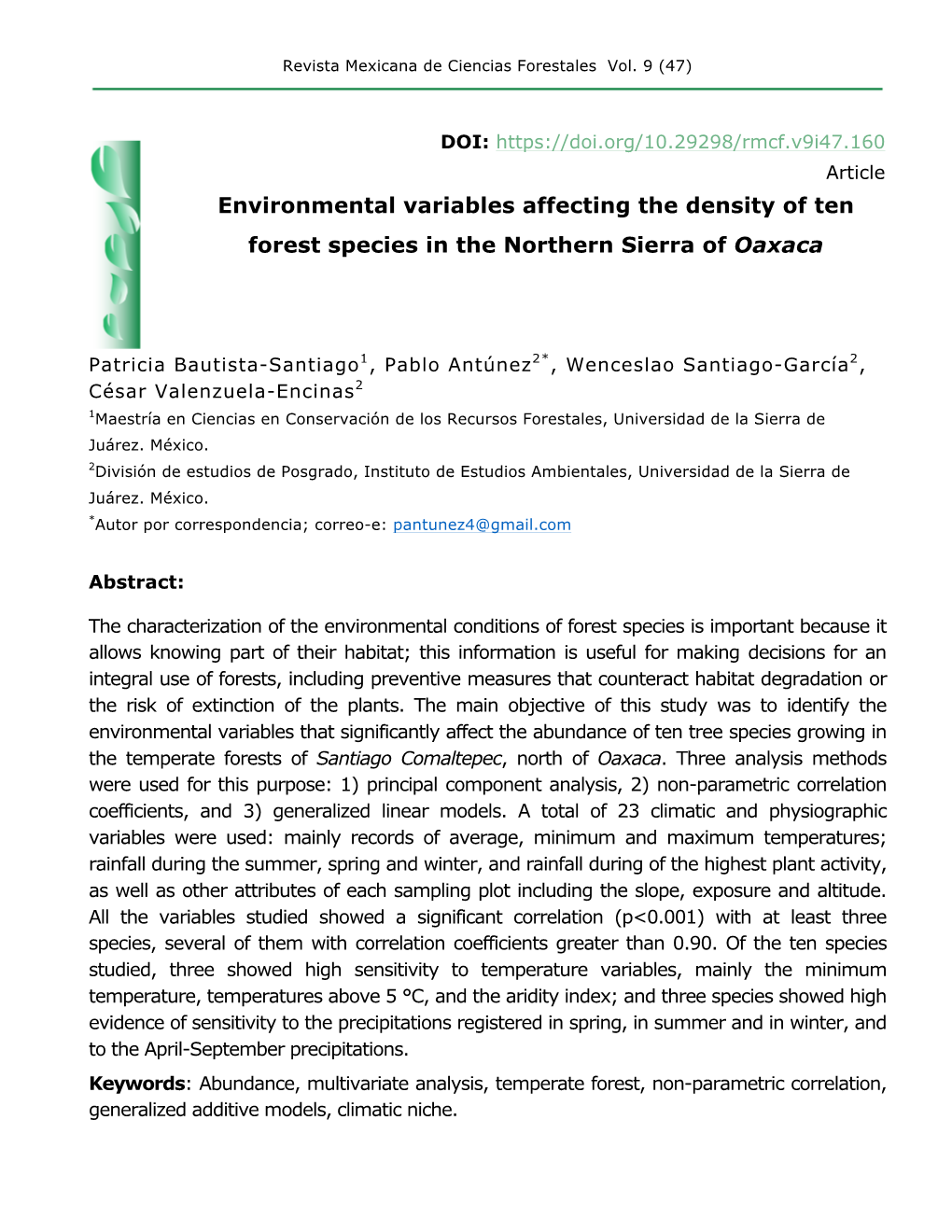 Environmental Variables Affecting the Density of Ten Forest Species in the Northern Sierra of Oaxaca