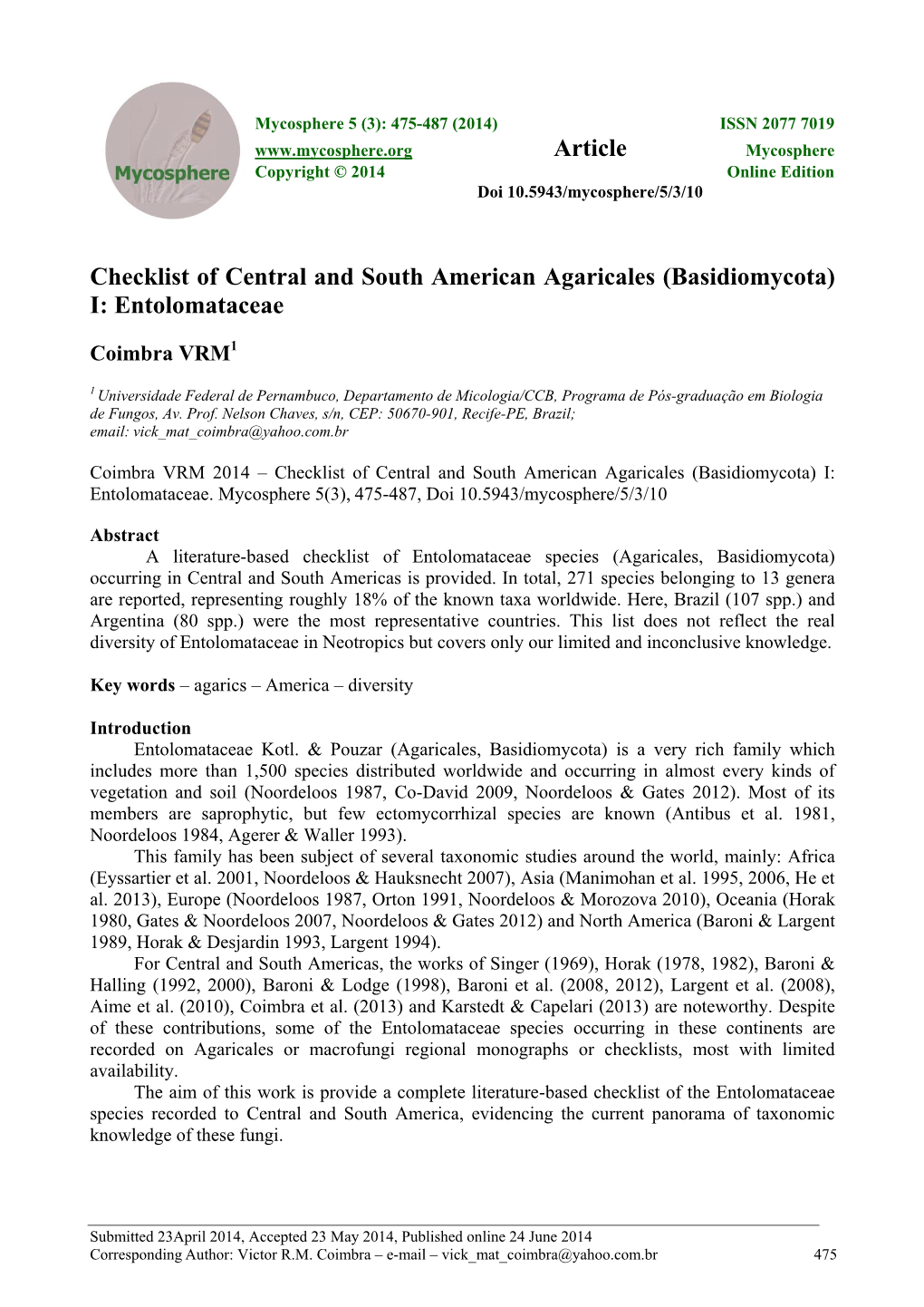 Checklist of Central and South American Agaricales (Basidiomycota) I: Entolomataceae