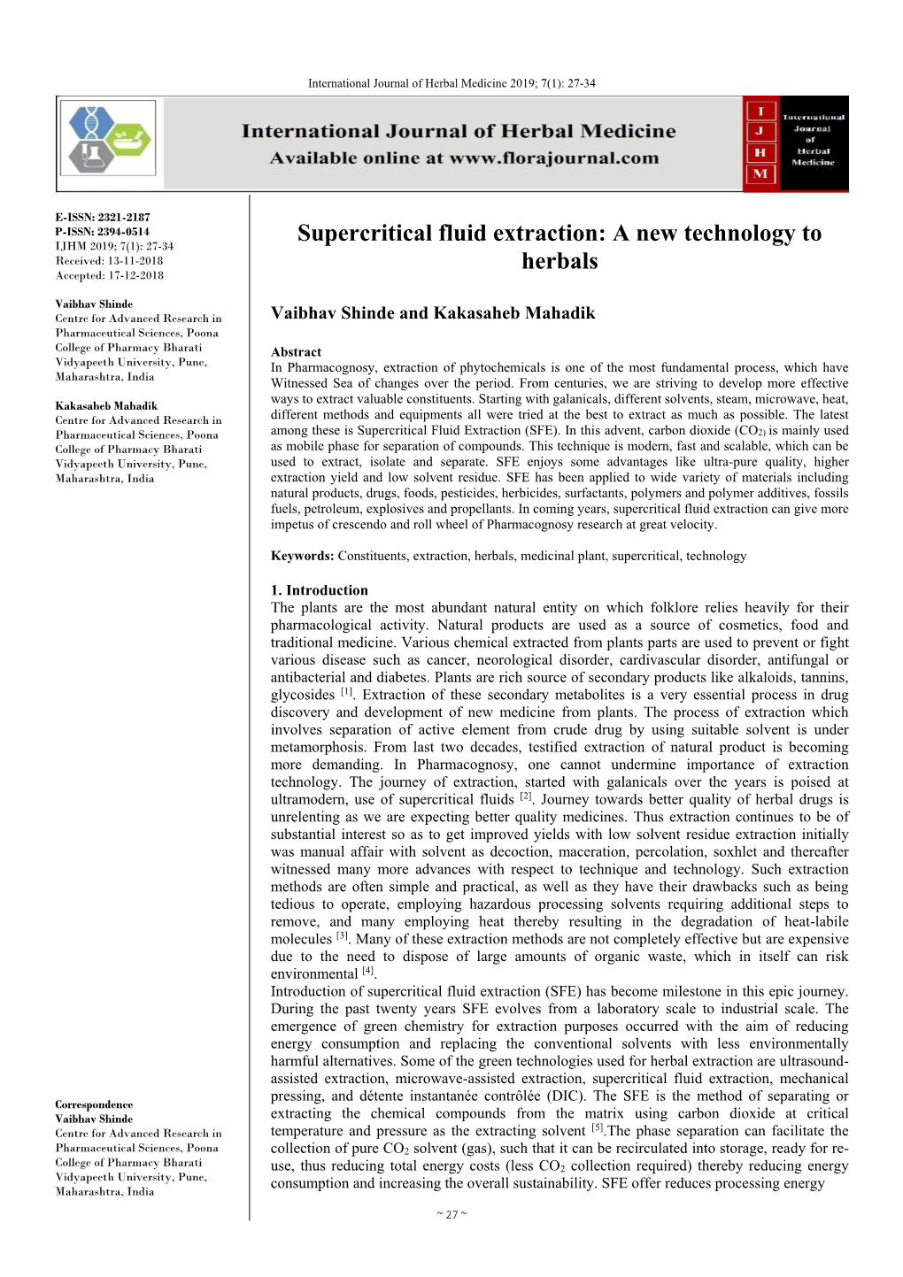 Supercritical Fluid Extraction: a New Technology to Herbals