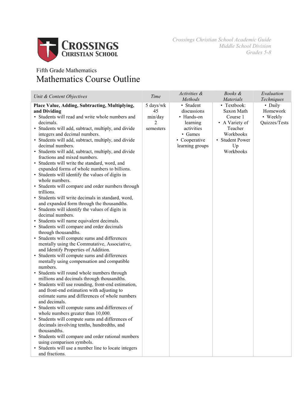 Mathematics Course Outline