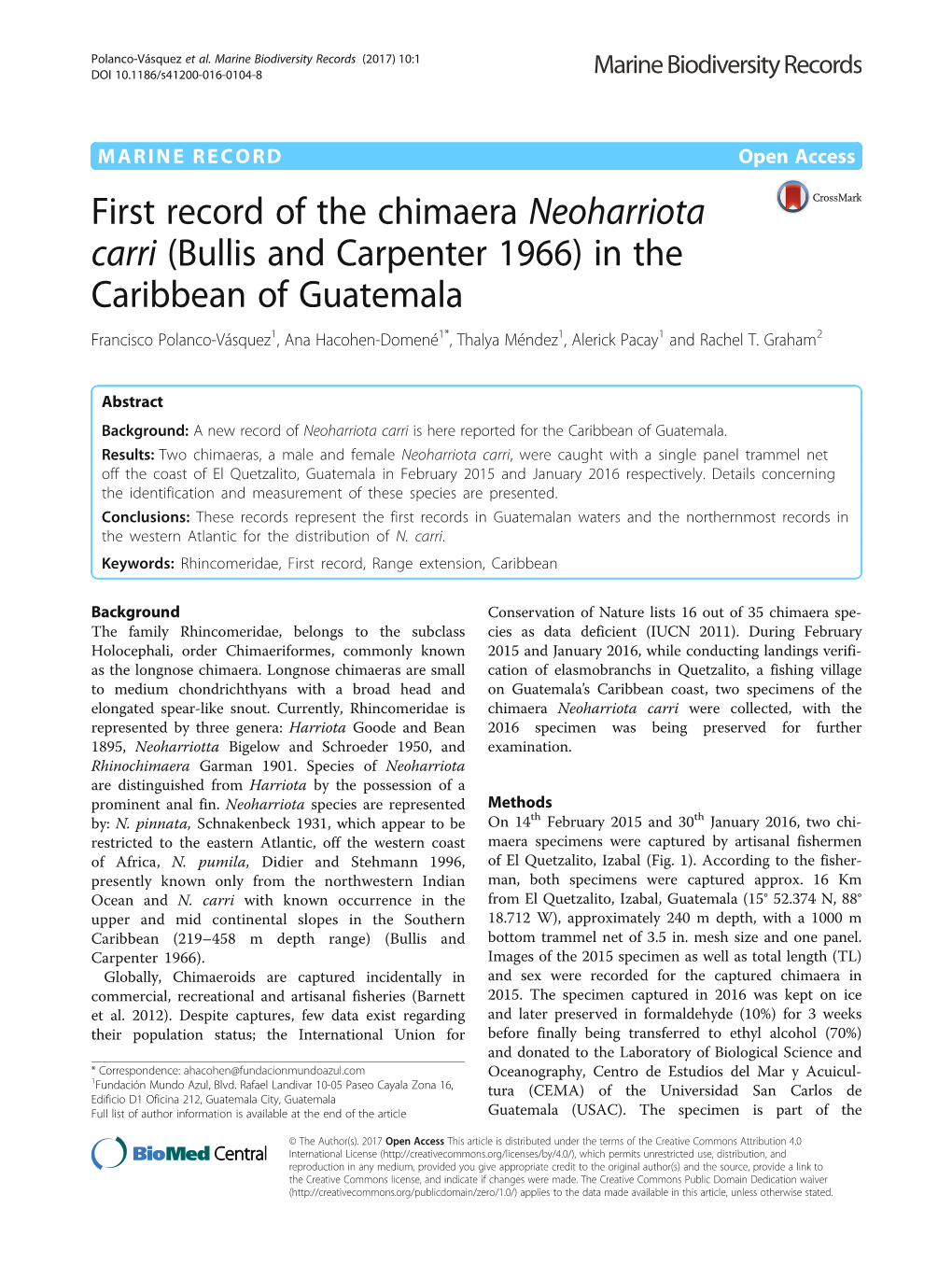 First Record of the Chimaera Neoharriota Carri (Bullis And