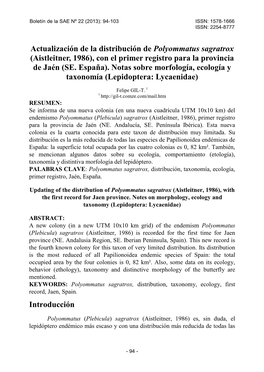 Actualización De La Distribución De Polyommatus Sagratrox (Aistleitner, 1986), Con El Primer Registro Para La Provincia De Jaén (SE