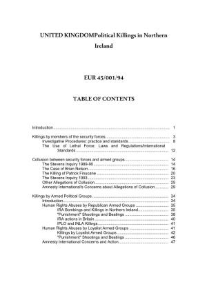 UNITED Kingdompolitical Killings in Northern Ireland EUR 45/001/94 TABLE of CONTENTS