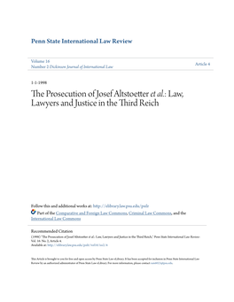 The Prosecution of Josef Altstoetter Et Al.: Law, Lawyers and Justice in the Third Reich
