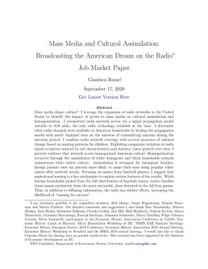 Mass Media and Cultural Assimilation: Broadcasting the American Dream on the Radio∗ Job Market Paper
