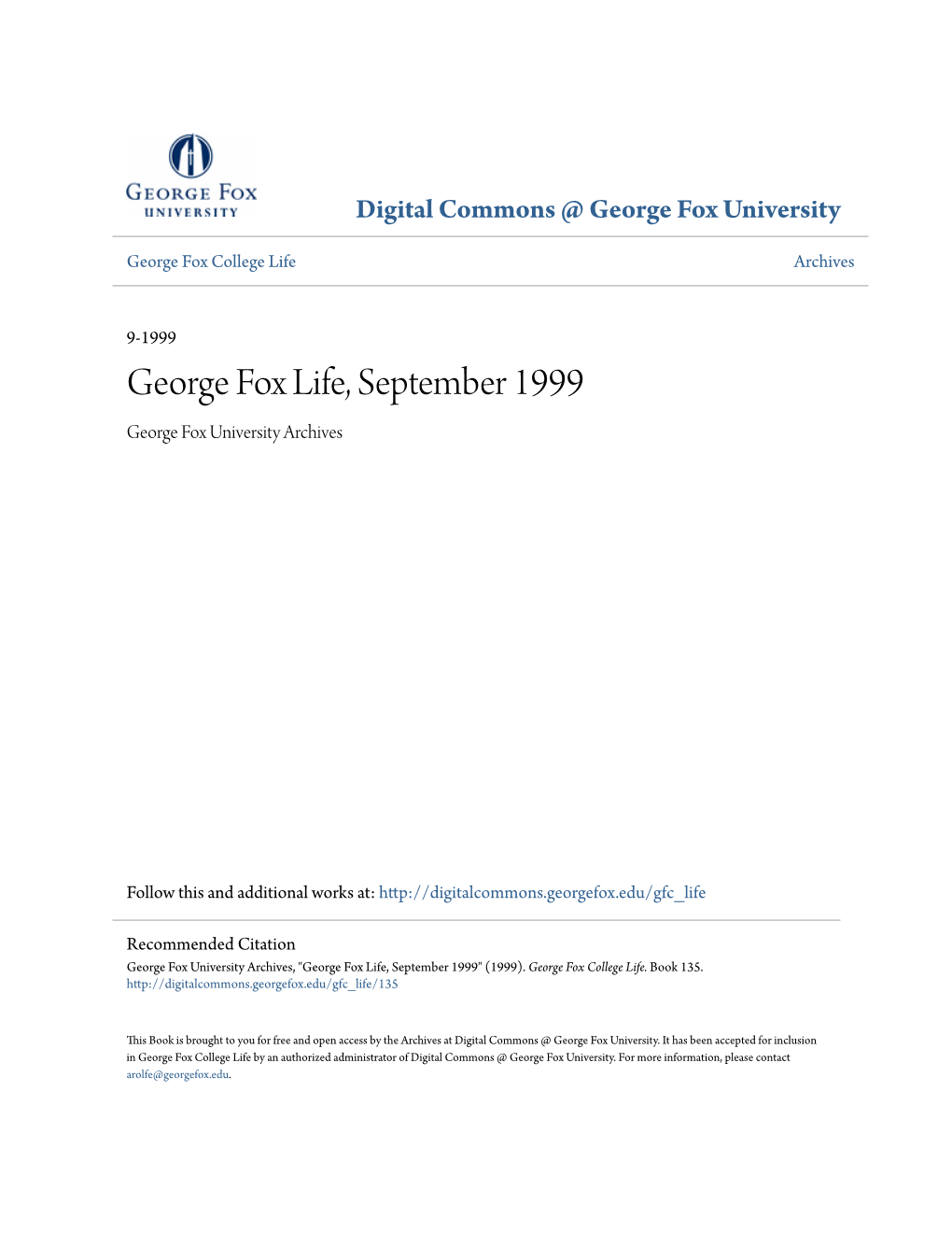George Fox Life, September 1999 George Fox University Archives