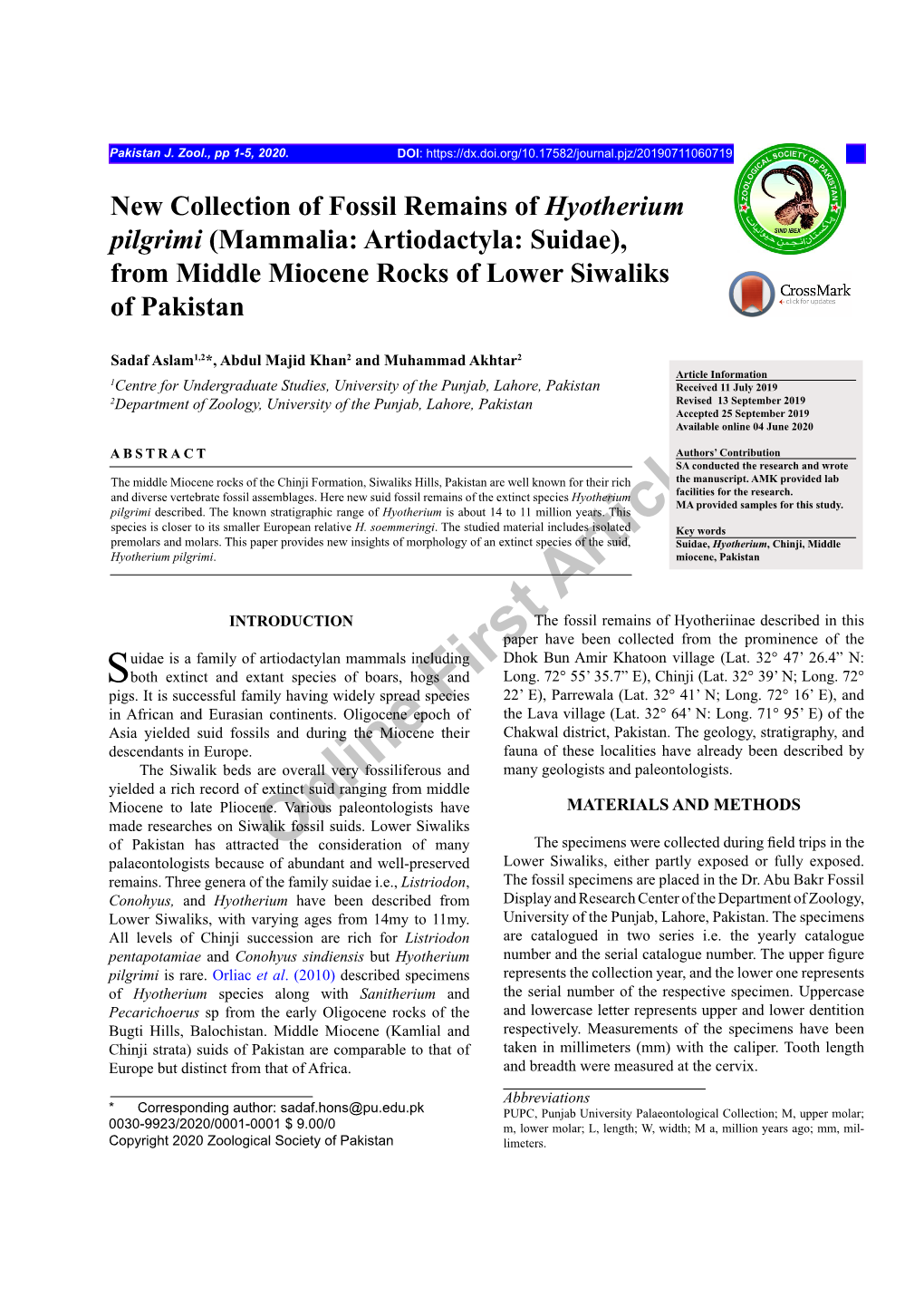 New Collection of Fossil Remains of Hyotherium Pilgrimi (Mammalia: Artiodactyla: Suidae), from Middle Miocene Rocks of Lower Siwaliks of Pakistan