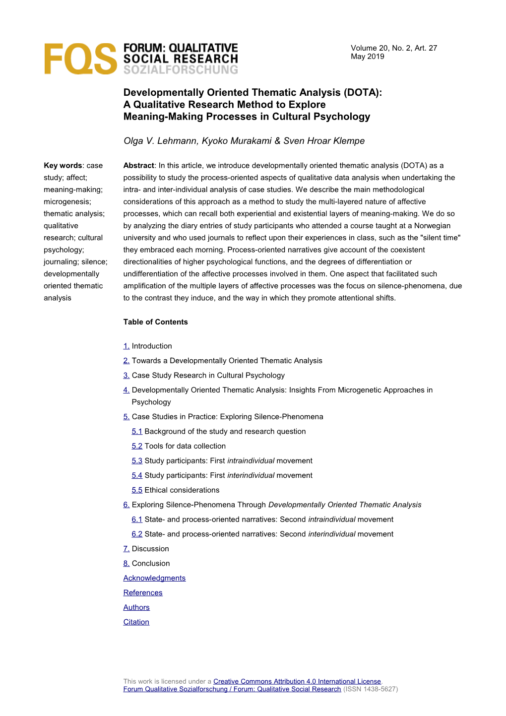 Developmentally Oriented Thematic Analysis (DOTA): a Qualitative Research Method to Explore Meaning-Making Processes in Cultural Psychology