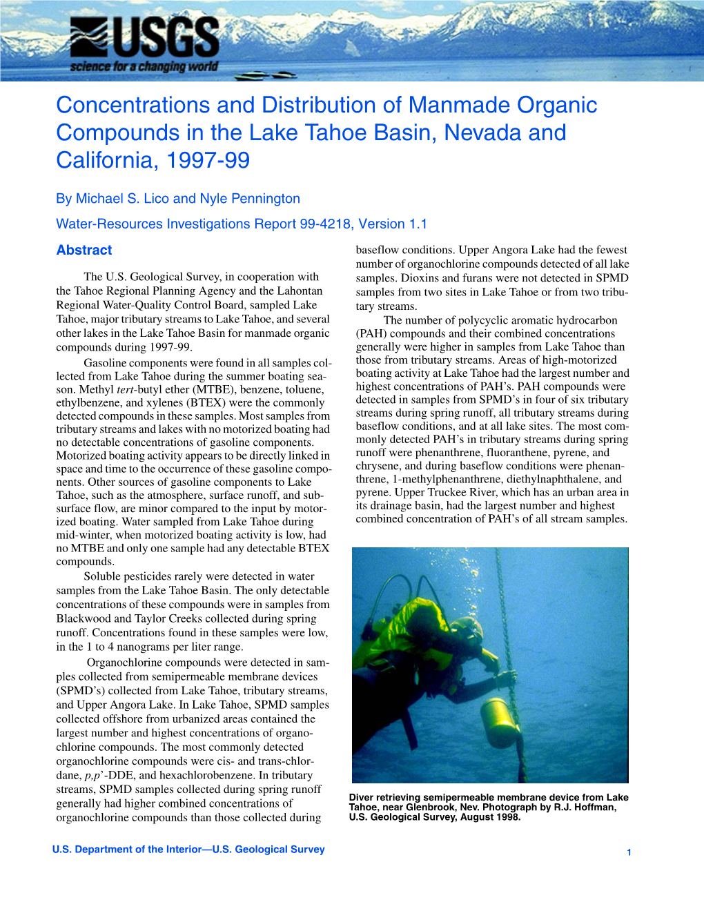 Concentrations and Distribution of Manmade Organic Compounds in the Lake Tahoe Basin, Nevada and California, 1997-99