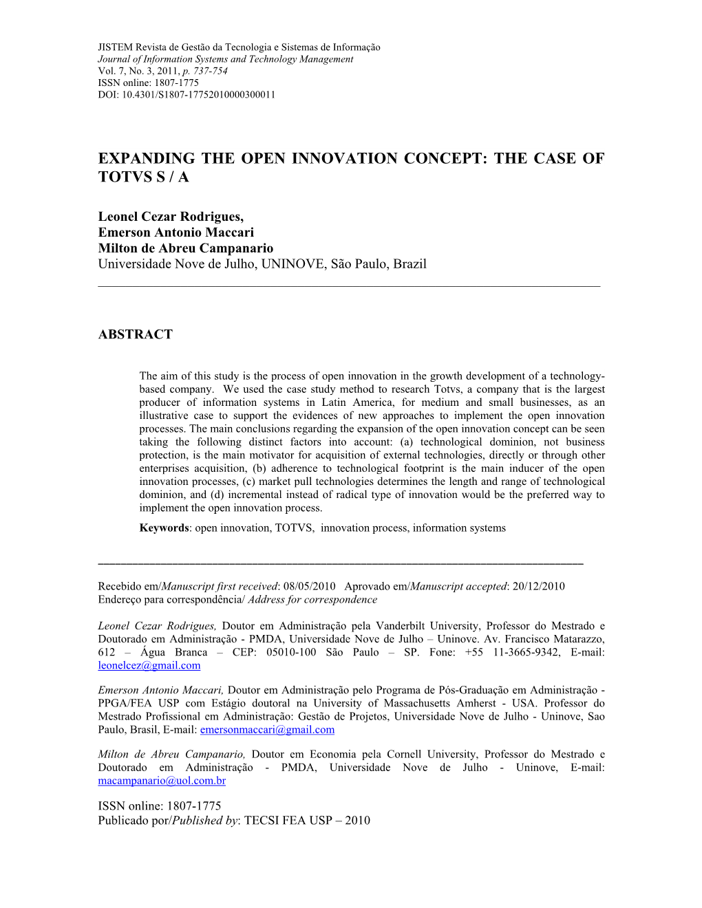 Expanding the Open Innovation Concept: the Case of Totvs S / A