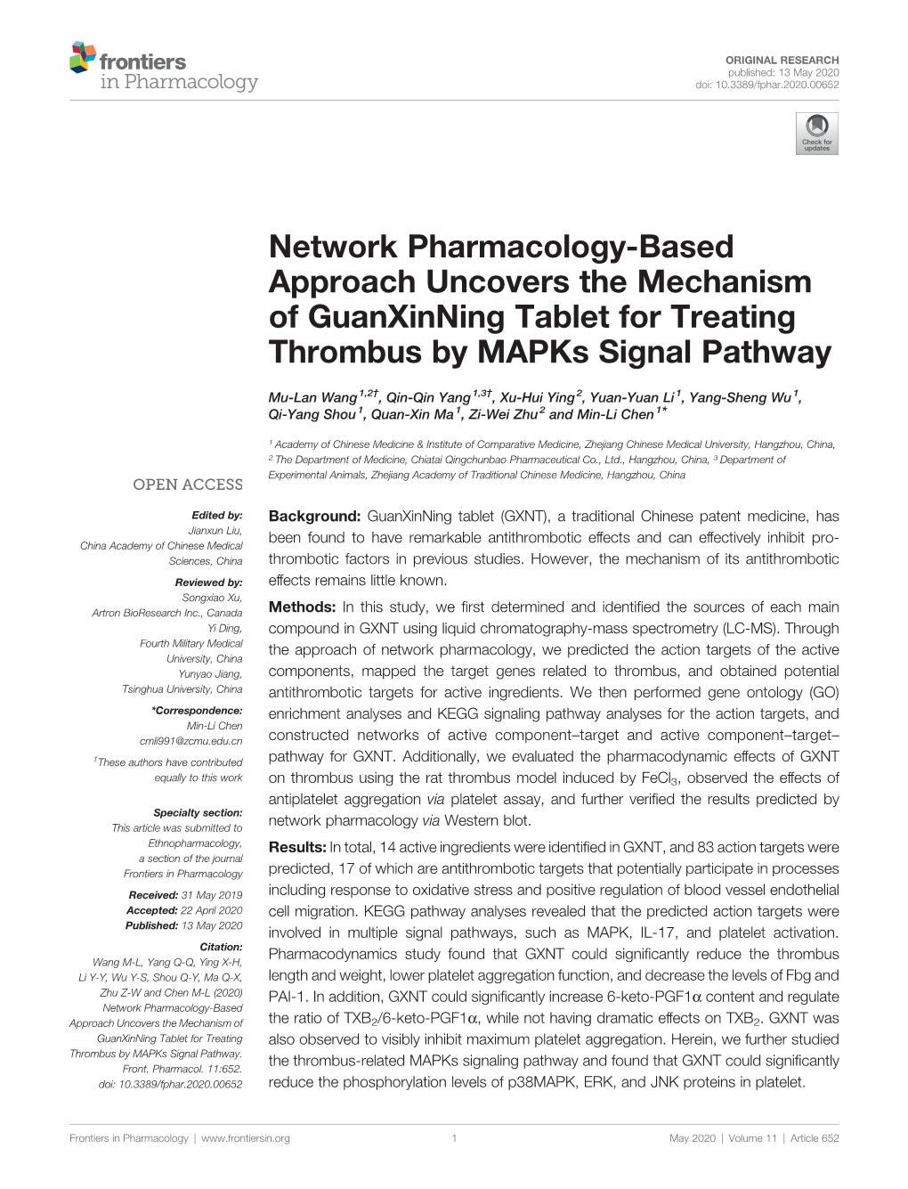 Network Pharmacology-Based Approach Uncovers the Mechanism of Guanxinning Tablet for Treating Thrombus by Mapks Signal Pathway