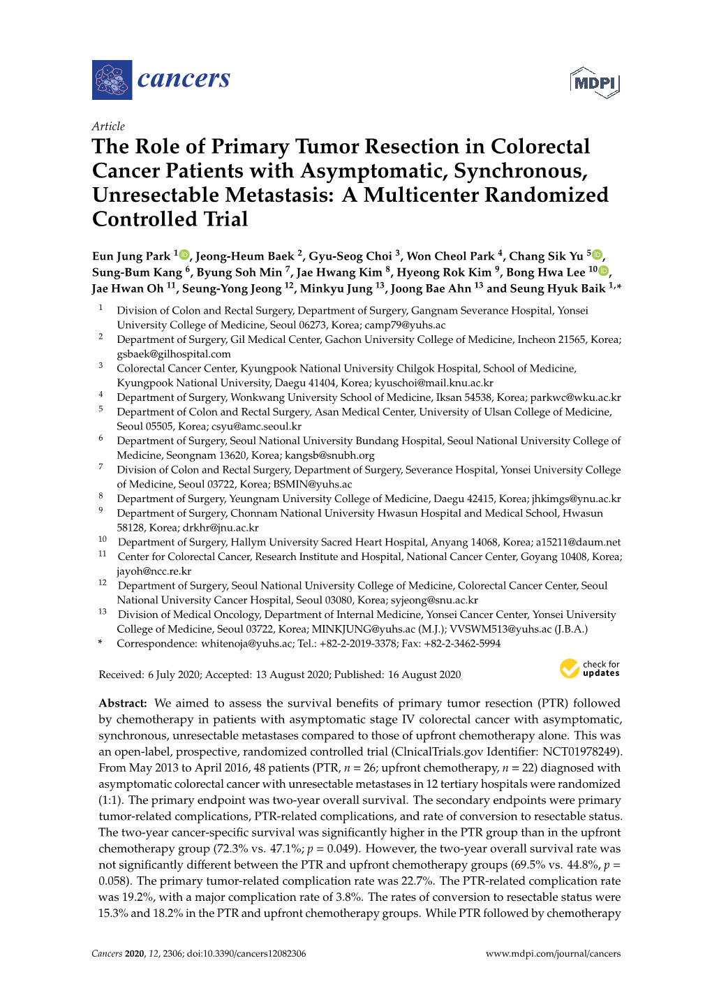 The Role of Primary Tumor Resection in Colorectal Cancer Patients with Asymptomatic, Synchronous, Unresectable Metastasis: a Multicenter Randomized Controlled Trial