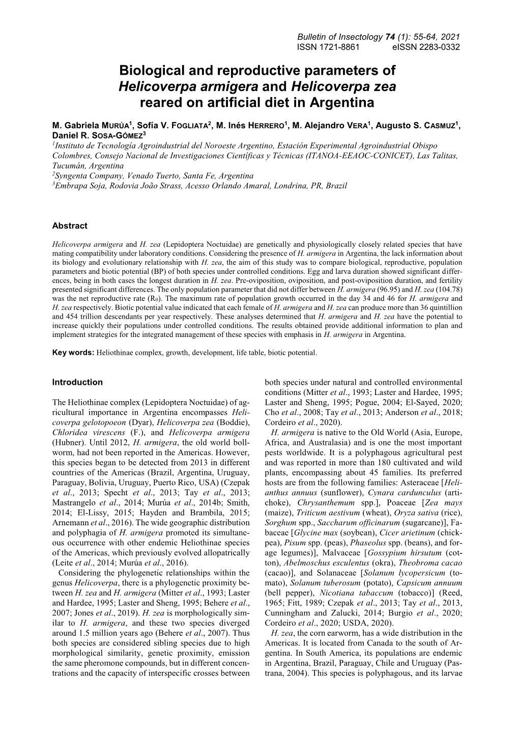 Biological and Reproductive Parameters of Helicoverpa Armigera and Helicoverpa Zea Reared on Artificial Diet in Argentina