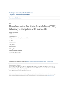 TAFI) Deficiency Is Compatible with Murine Life Mariko Nagashima Berlex Biosciences