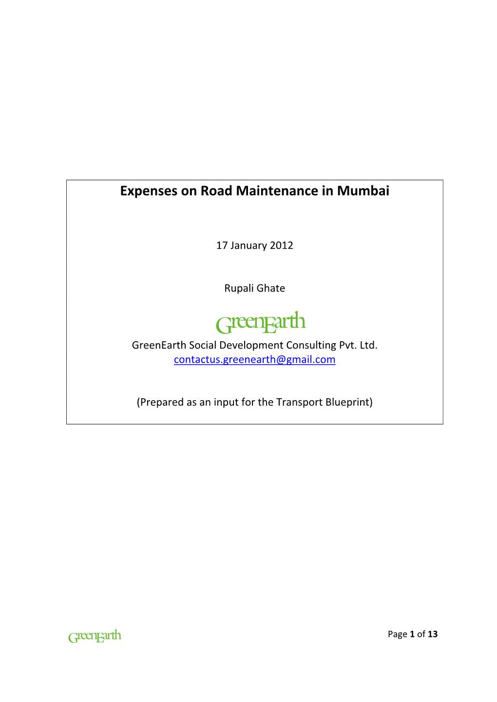 Expenses on Road Maintenance in Mumbai