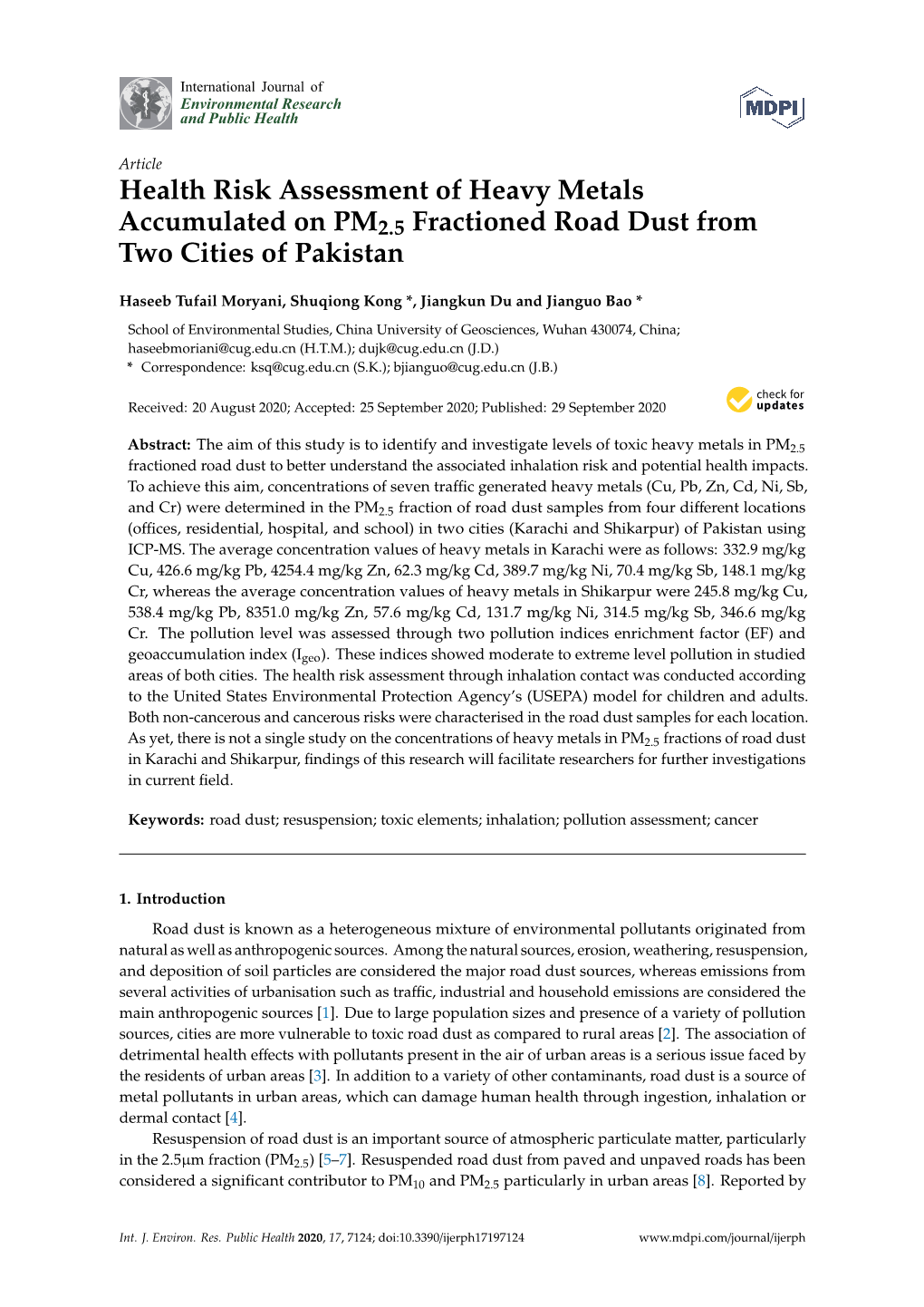 Health Risk Assessment of Heavy Metals Accumulated on PM2.5 Fractioned Road Dust from Two Cities of Pakistan