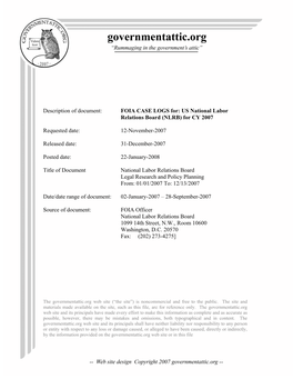 FOIA Logs for US National Labor Relations Board (NLRB) for CY 2007