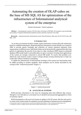 Automating the Creation of OLAP-Cubes on the Base of MS SQL AS for Optimization of the Infrastructure of Informational Analytical System of the Enterprise