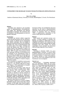 1980 43 CYSTOLITHS in the SECONDARY XYLEM of SPARATTANTHELIUM (HERNANDIACEAE) by Ben JH Te