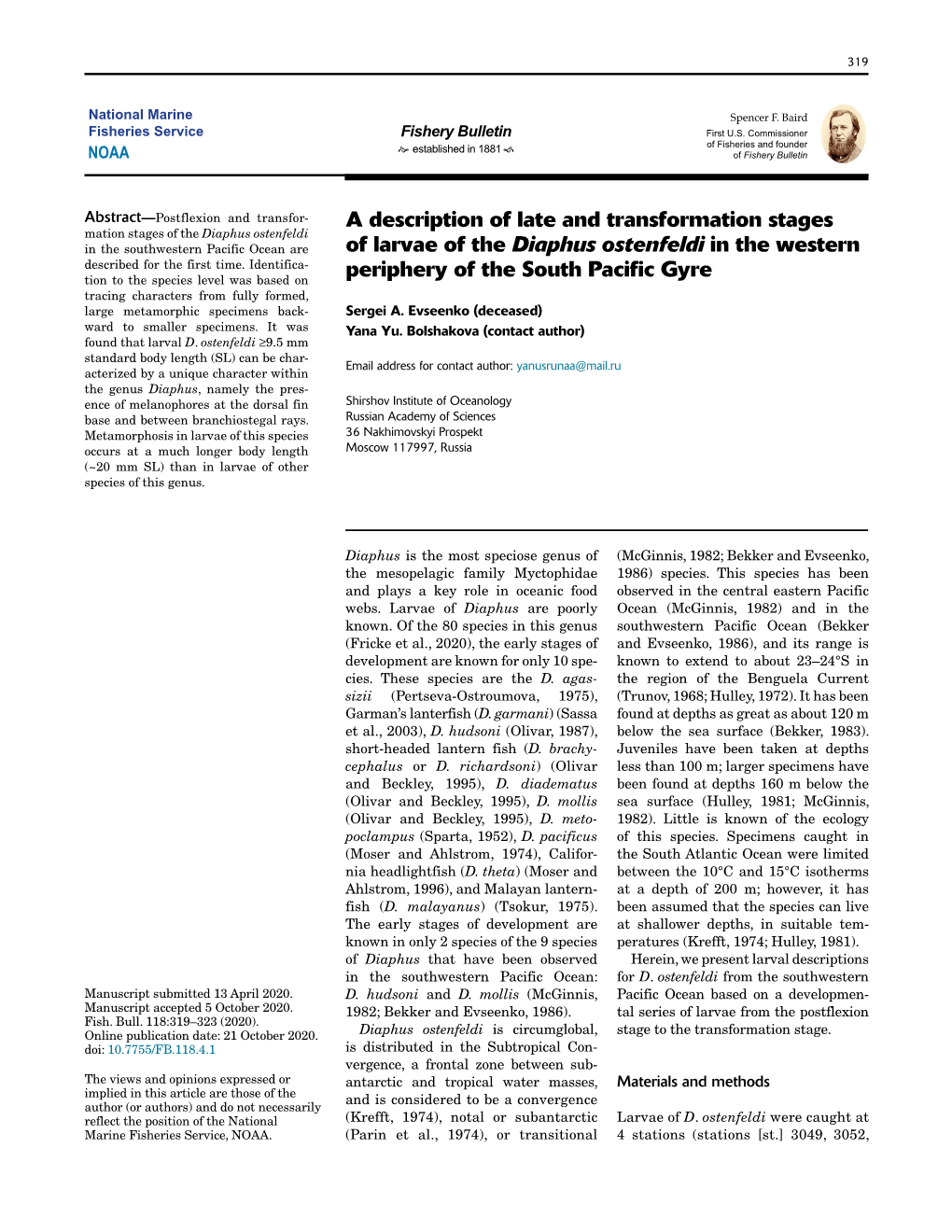 A Description of Late and Transformation Stages of Larvae of the Diaphus Ostenfeldi in the Western Periphery of the South Pacifi