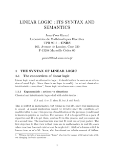 Linear Logic : Its Syntax and Semantics